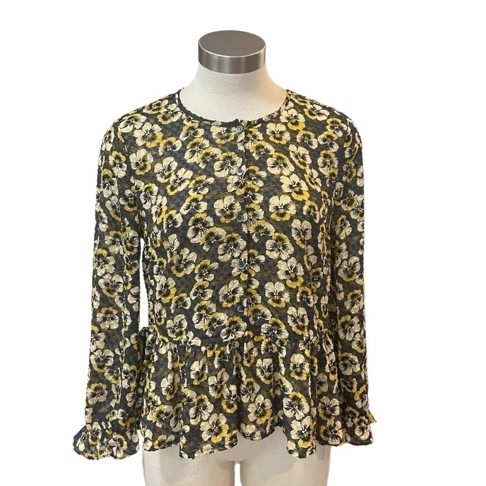Madewell Top Blouse Ruffle Hem Viola Floral Pansy Navy Blue Sz. M
